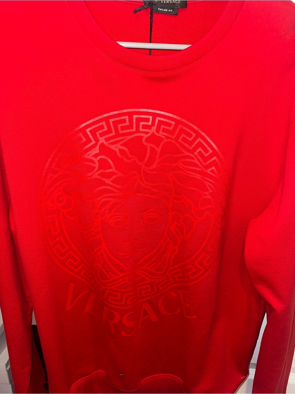 Versace Men’s Bright Red Crewneck Sweatshirt with Raised Medusa Motif